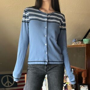 Y2K vintage blue striped button up long sleeve sweater top